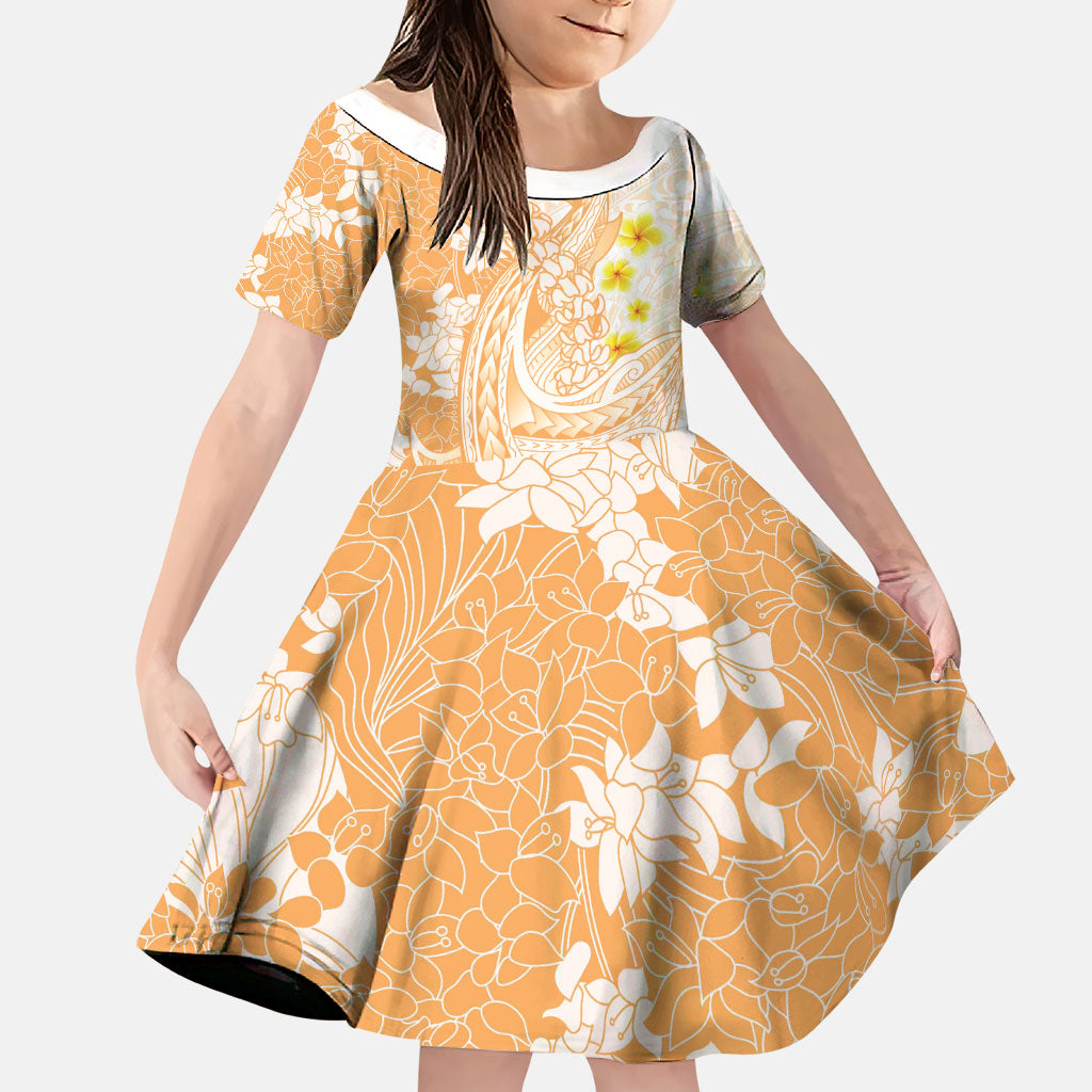 Orange Hawaii Shark Tattoo Family Matching Short Sleeve Bodycon Dress and Hawaiian Shirt Puakenikeni Lei Plumeria Polynesian Pattern LT14 Daughter's Dress Orange - Polynesian Pride