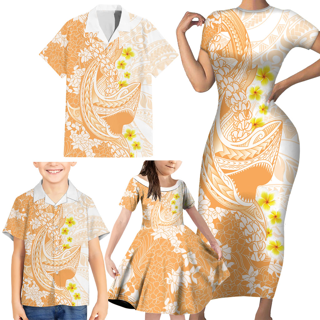 Orange Hawaii Shark Tattoo Family Matching Short Sleeve Bodycon Dress and Hawaiian Shirt Puakenikeni Lei Plumeria Polynesian Pattern LT14 - Polynesian Pride