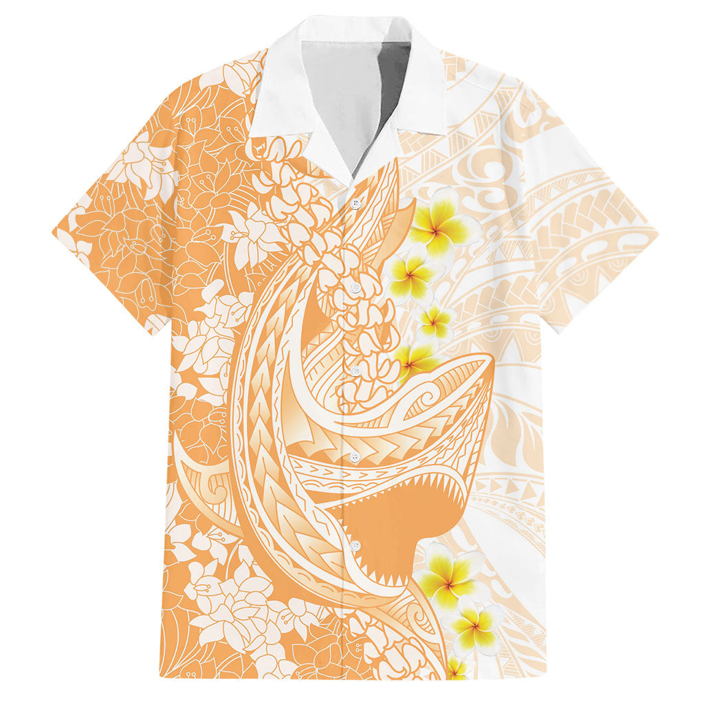 Orange Hawaii Shark Tattoo Hawaiian Shirt Puakenikeni Lei Plumeria Polynesian Pattern