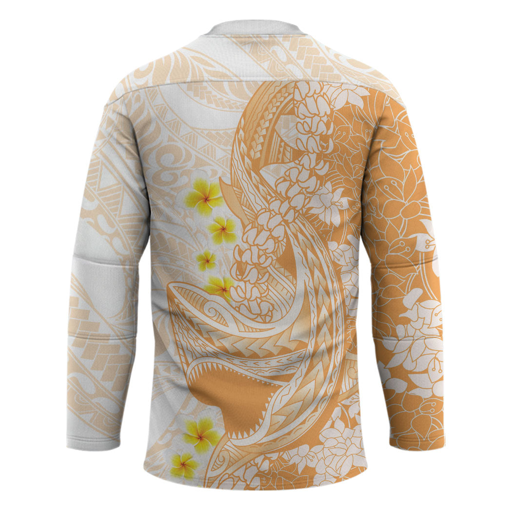 Orange Hawaii Shark Tattoo Hockey Jersey Puakenikeni Lei Plumeria Polynesian Pattern