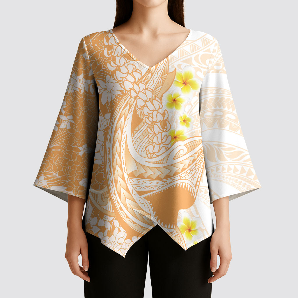 Orange Hawaii Shark Tattoo Kimono Sleeve Blouse Puakenikeni Lei Plumeria Polynesian Pattern