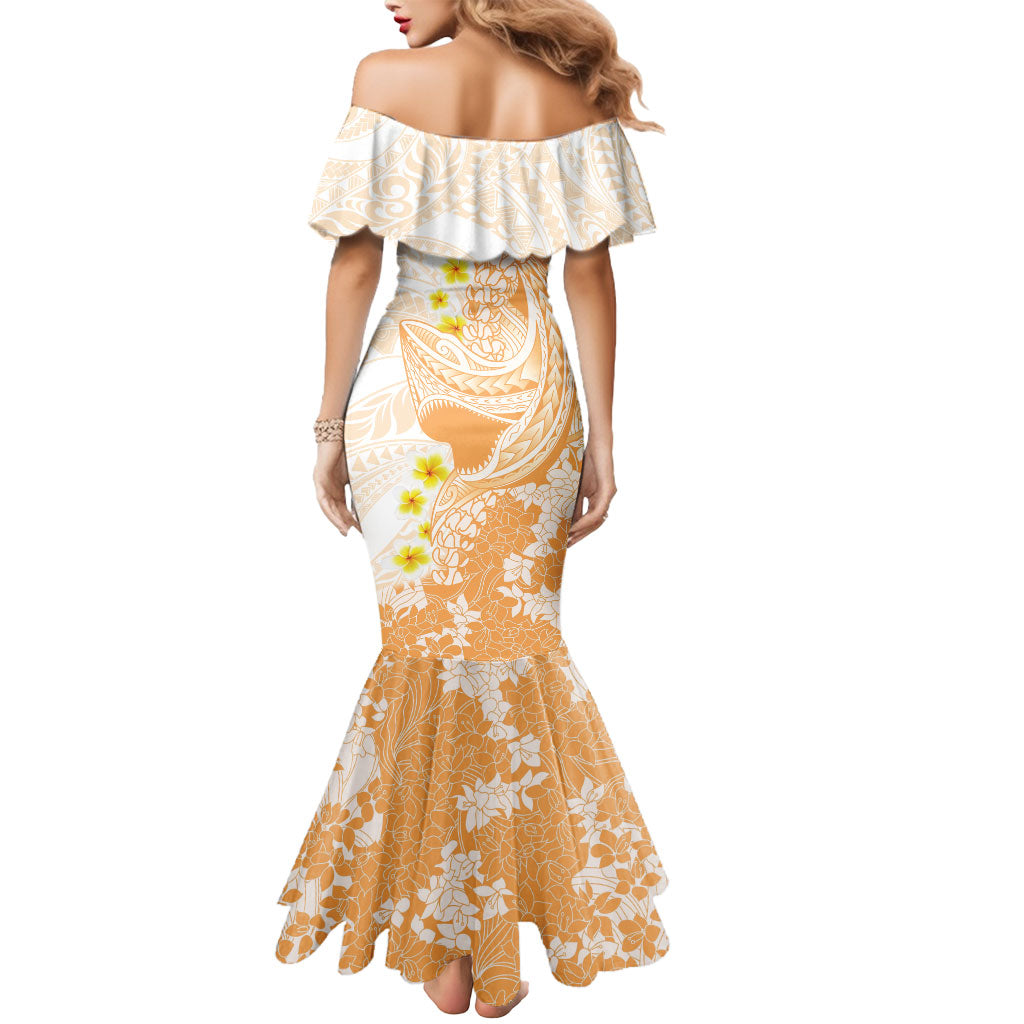 Orange Hawaii Shark Tattoo Mermaid Dress Puakenikeni Lei Plumeria Polynesian Pattern