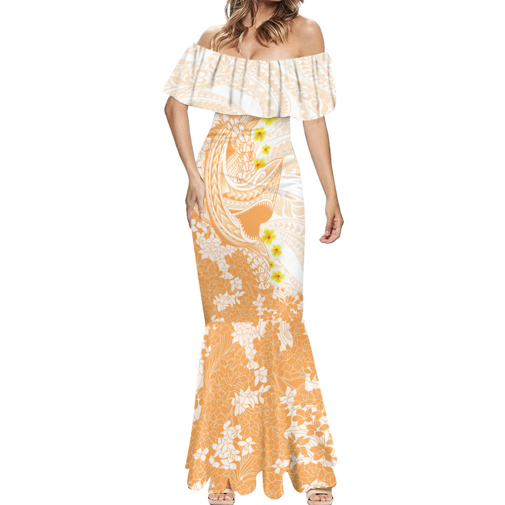 Orange Hawaii Shark Tattoo Mermaid Dress Puakenikeni Lei Plumeria Polynesian Pattern