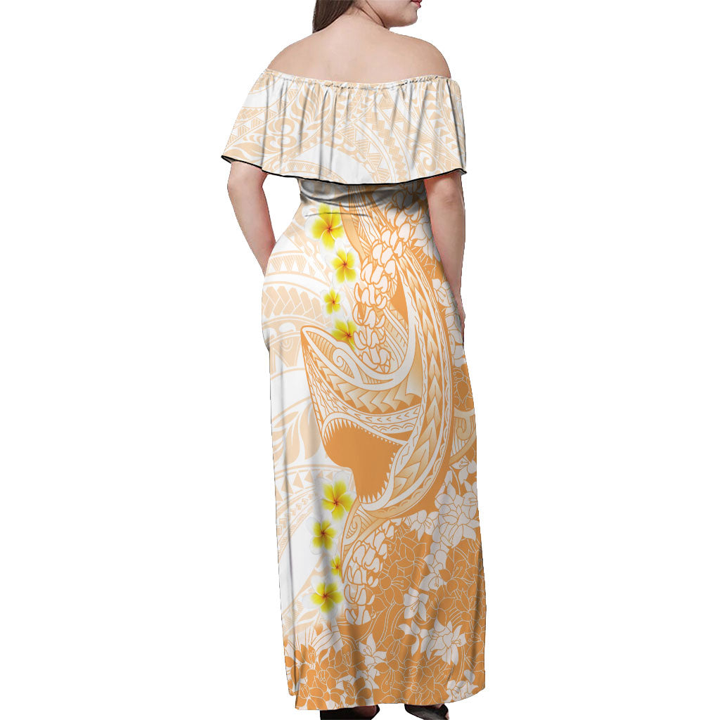 Orange Hawaii Shark Tattoo Off Shoulder Maxi Dress Puakenikeni Lei Plumeria Polynesian Pattern