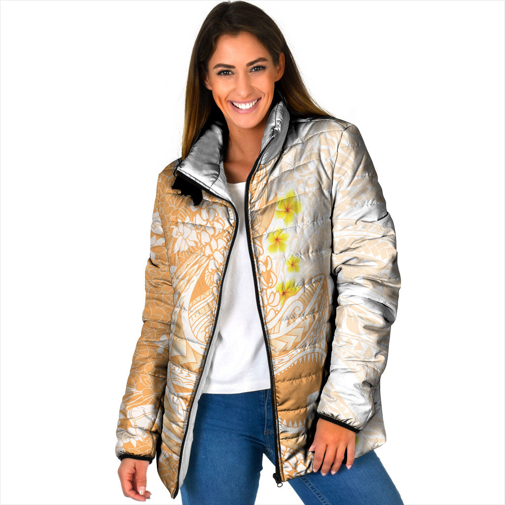 Orange Hawaii Shark Tattoo Padded Jacket Puakenikeni Lei Plumeria Polynesian Pattern LT14 Women Orange - Polynesian Pride