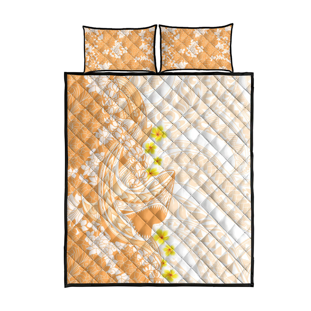 Orange Hawaii Shark Tattoo Quilt Bed Set Puakenikeni Lei Plumeria Polynesian Pattern
