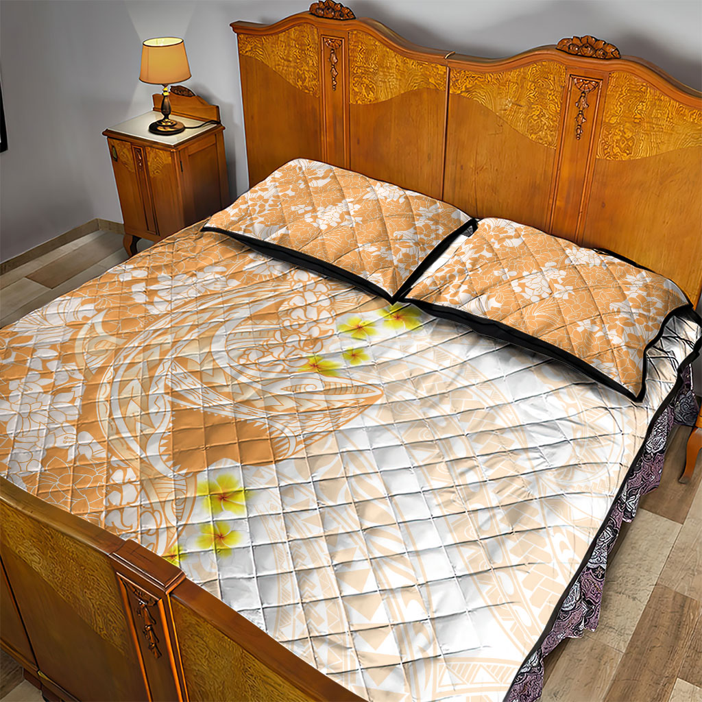 Orange Hawaii Shark Tattoo Quilt Bed Set Puakenikeni Lei Plumeria Polynesian Pattern