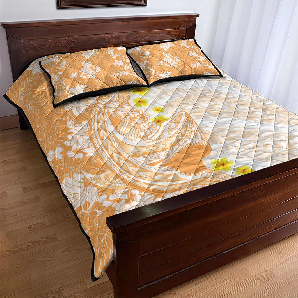 Orange Hawaii Shark Tattoo Quilt Bed Set Puakenikeni Lei Plumeria Polynesian Pattern