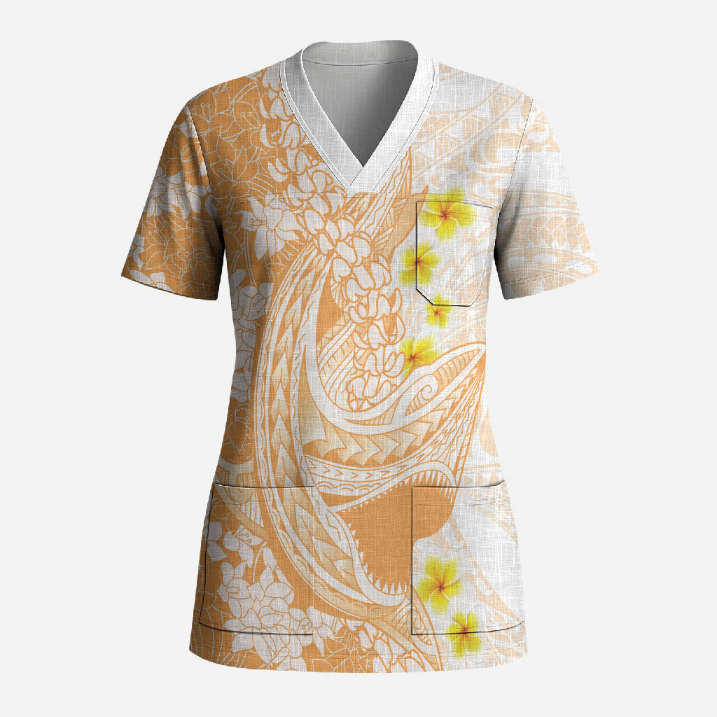 Orange Hawaii Shark Tattoo Scrub Top Puakenikeni Lei Plumeria Polynesian Pattern LT14 Adult Orange - Polynesian Pride