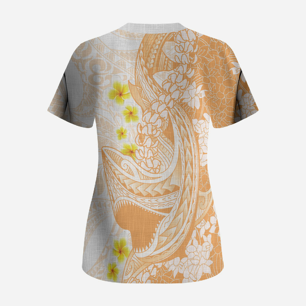 Orange Hawaii Shark Tattoo Scrub Top Puakenikeni Lei Plumeria Polynesian Pattern LT14 - Polynesian Pride