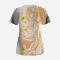 Orange Hawaii Shark Tattoo Scrub Top Puakenikeni Lei Plumeria Polynesian Pattern LT14 - Polynesian Pride