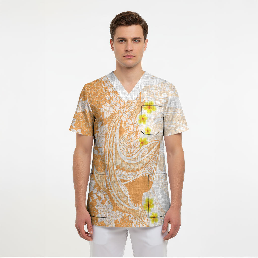 Orange Hawaii Shark Tattoo Scrub Top Puakenikeni Lei Plumeria Polynesian Pattern LT14 - Polynesian Pride