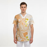 Orange Hawaii Shark Tattoo Scrub Top Puakenikeni Lei Plumeria Polynesian Pattern LT14 - Polynesian Pride