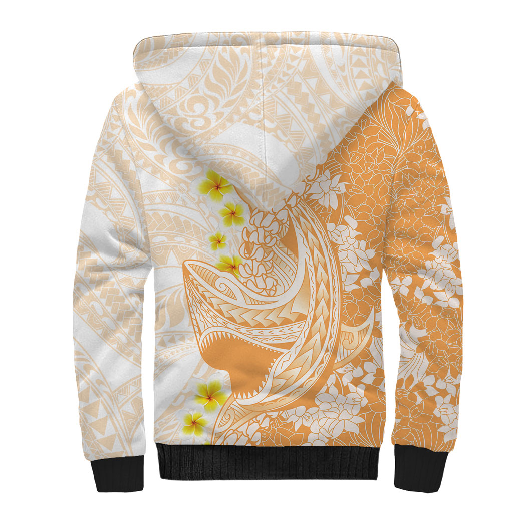 Orange Hawaii Shark Tattoo Sherpa Hoodie Puakenikeni Lei Plumeria Polynesian Pattern