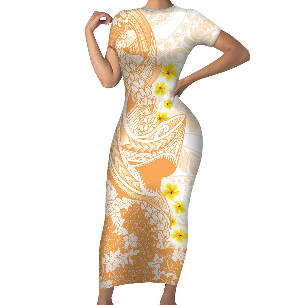 Orange Hawaii Shark Tattoo Short Sleeve Bodycon Dress Puakenikeni Lei Plumeria Polynesian Pattern