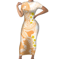 Orange Hawaii Shark Tattoo Short Sleeve Bodycon Dress Puakenikeni Lei Plumeria Polynesian Pattern LT14 Long Dress Orange - Polynesian Pride