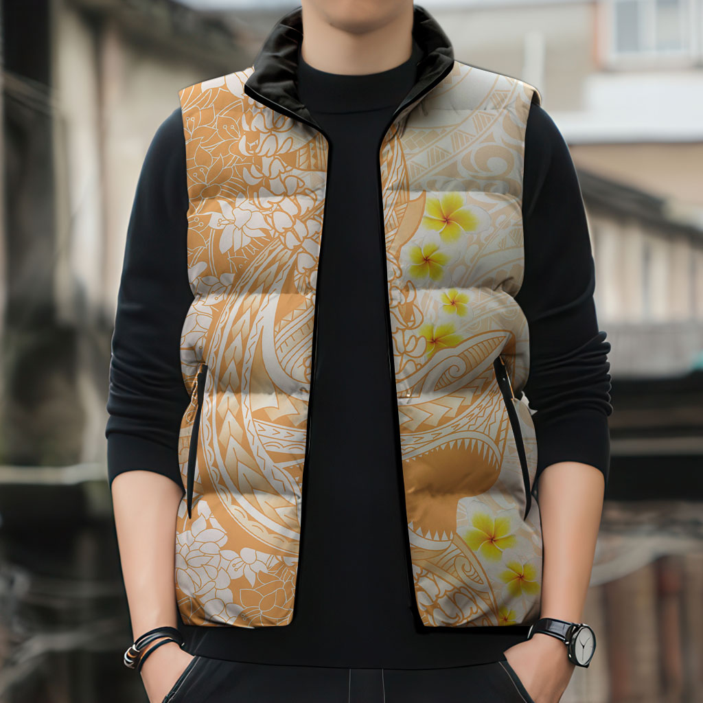 Orange Hawaii Shark Tattoo Sleeveless Puffer Jacket Puakenikeni Lei Plumeria Polynesian Pattern