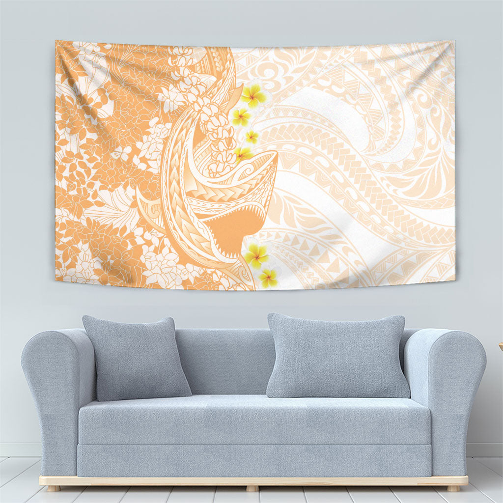 Orange Hawaii Shark Tattoo Tapestry Puakenikeni Lei Plumeria Polynesian Pattern
