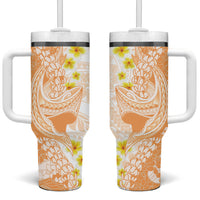 Orange Hawaii Shark Tattoo Tumbler With Handle Puakenikeni Lei Plumeria Polynesian Pattern LT14 One Size: 40 oz Orange - Polynesian Pride