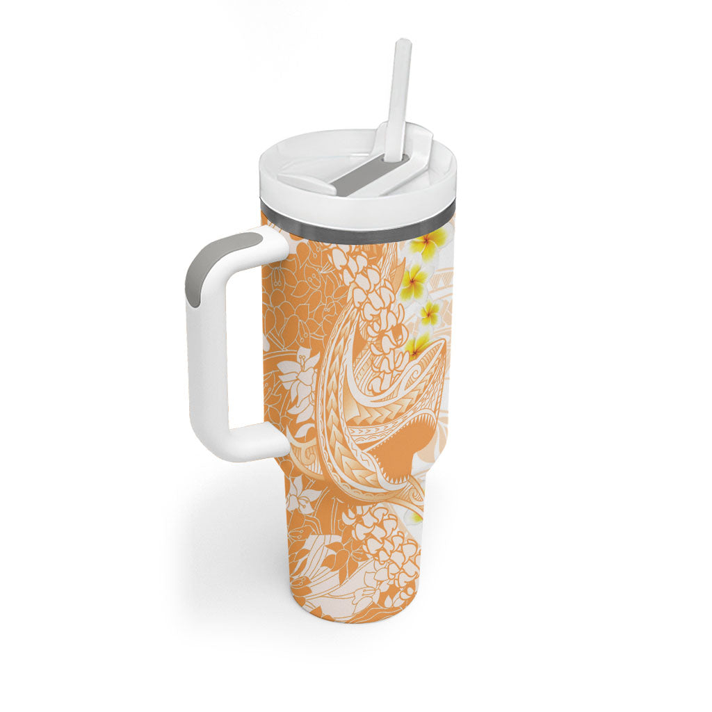 Orange Hawaii Shark Tattoo Tumbler With Handle Puakenikeni Lei Plumeria Polynesian Pattern LT14 - Polynesian Pride
