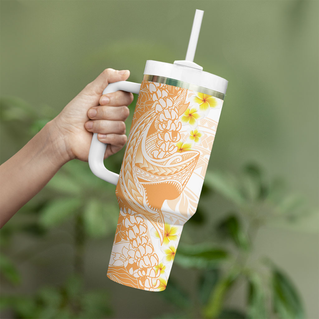 Orange Hawaii Shark Tattoo Tumbler With Handle Puakenikeni Lei Plumeria Polynesian Pattern LT14 - Polynesian Pride