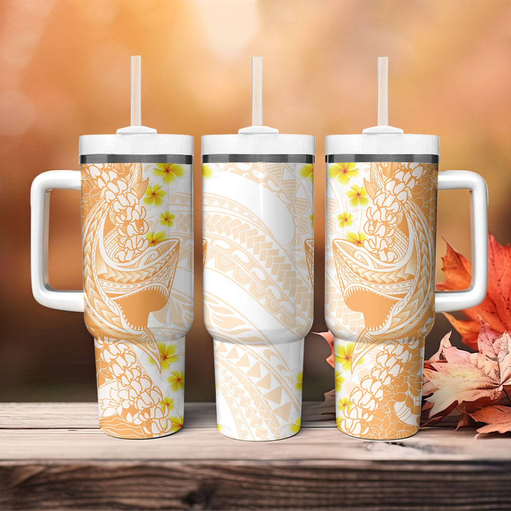 Orange Hawaii Shark Tattoo Tumbler With Handle Puakenikeni Lei Plumeria Polynesian Pattern LT14 - Polynesian Pride