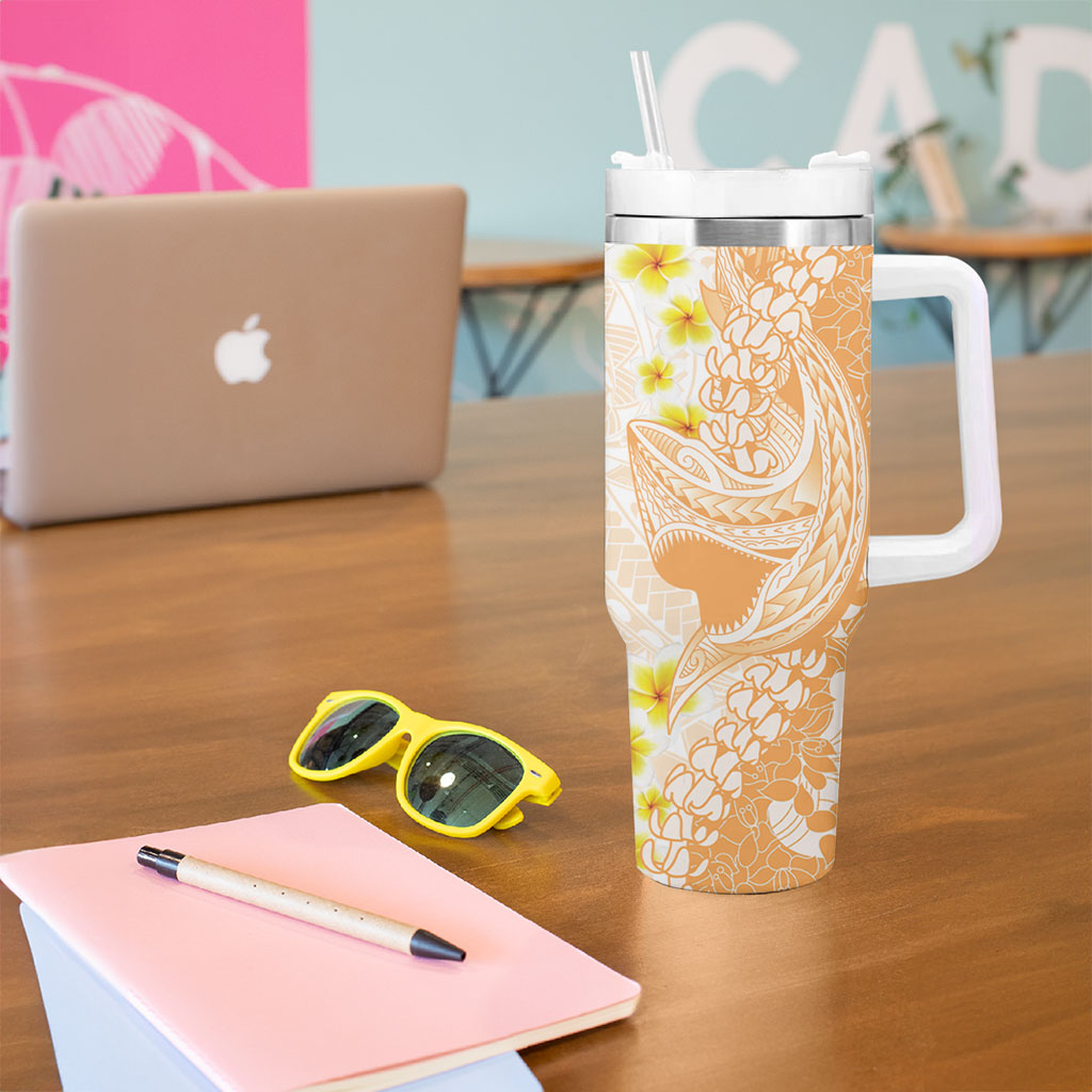 Orange Hawaii Shark Tattoo Tumbler With Handle Puakenikeni Lei Plumeria Polynesian Pattern LT14 - Polynesian Pride