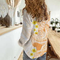 Orange Hawaii Shark Tattoo Women Casual Shirt Puakenikeni Lei Plumeria Polynesian Pattern LT14 - Polynesian Pride