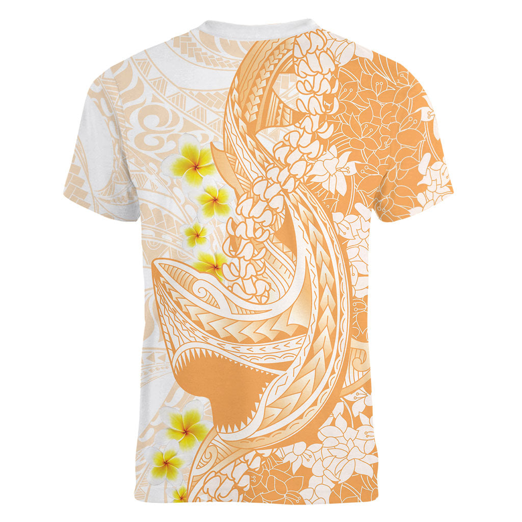 Orange Hawaii Shark Tattoo Women V-Neck T-Shirt Puakenikeni Lei Plumeria Polynesian Pattern LT14 - Polynesian Pride