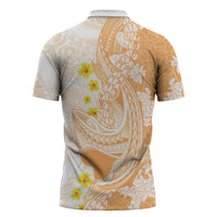 Orange Hawaii Shark Tattoo Zipper Polo Shirt Puakenikeni Lei Plumeria Polynesian Pattern