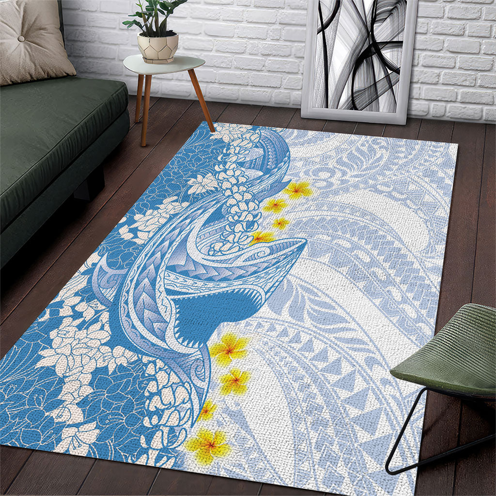 Blue Hawaii Shark Tattoo Area Rug Puakenikeni Lei Plumeria Polynesian Pattern