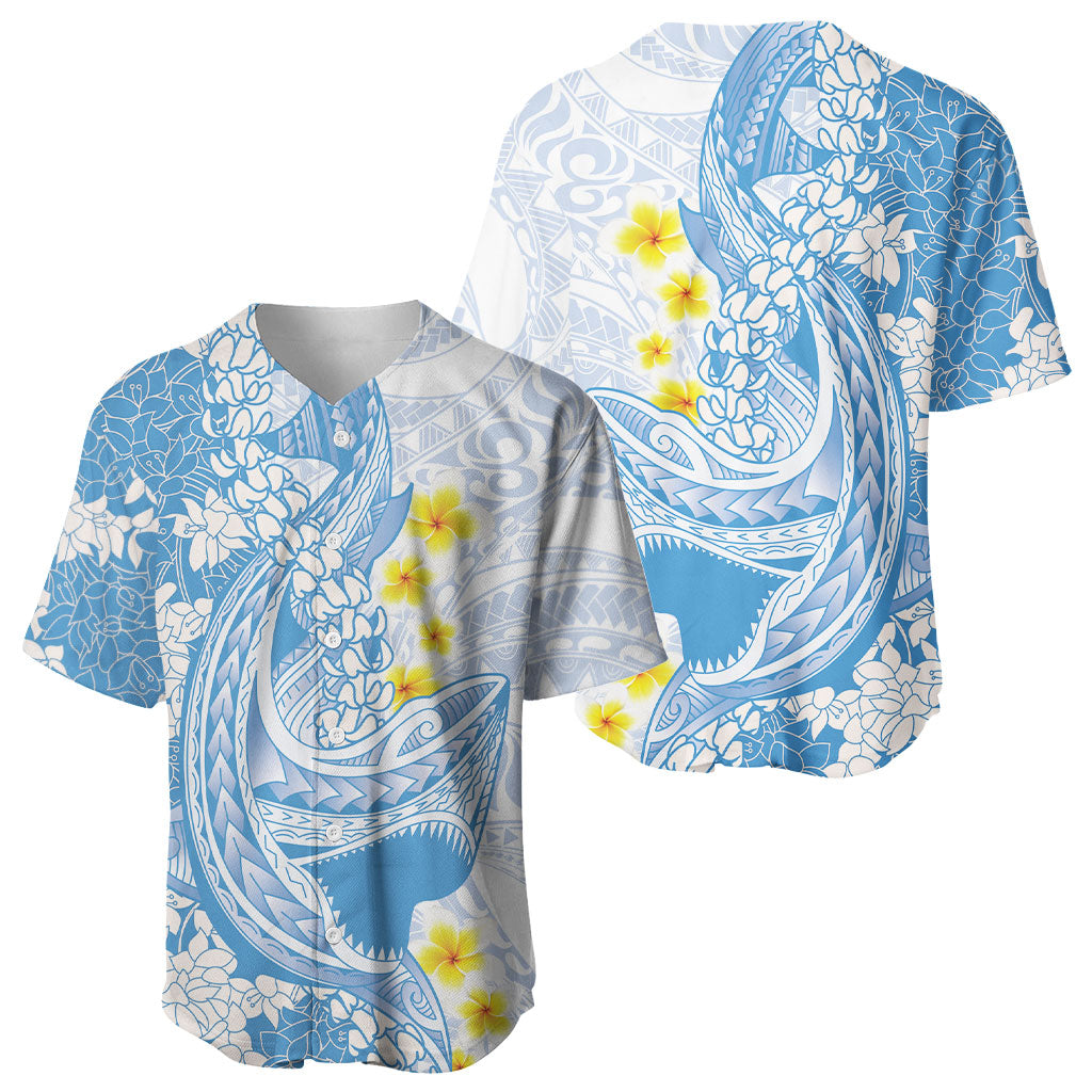 Blue Hawaii Shark Tattoo Baseball Jersey Puakenikeni Lei Plumeria Polynesian Pattern
