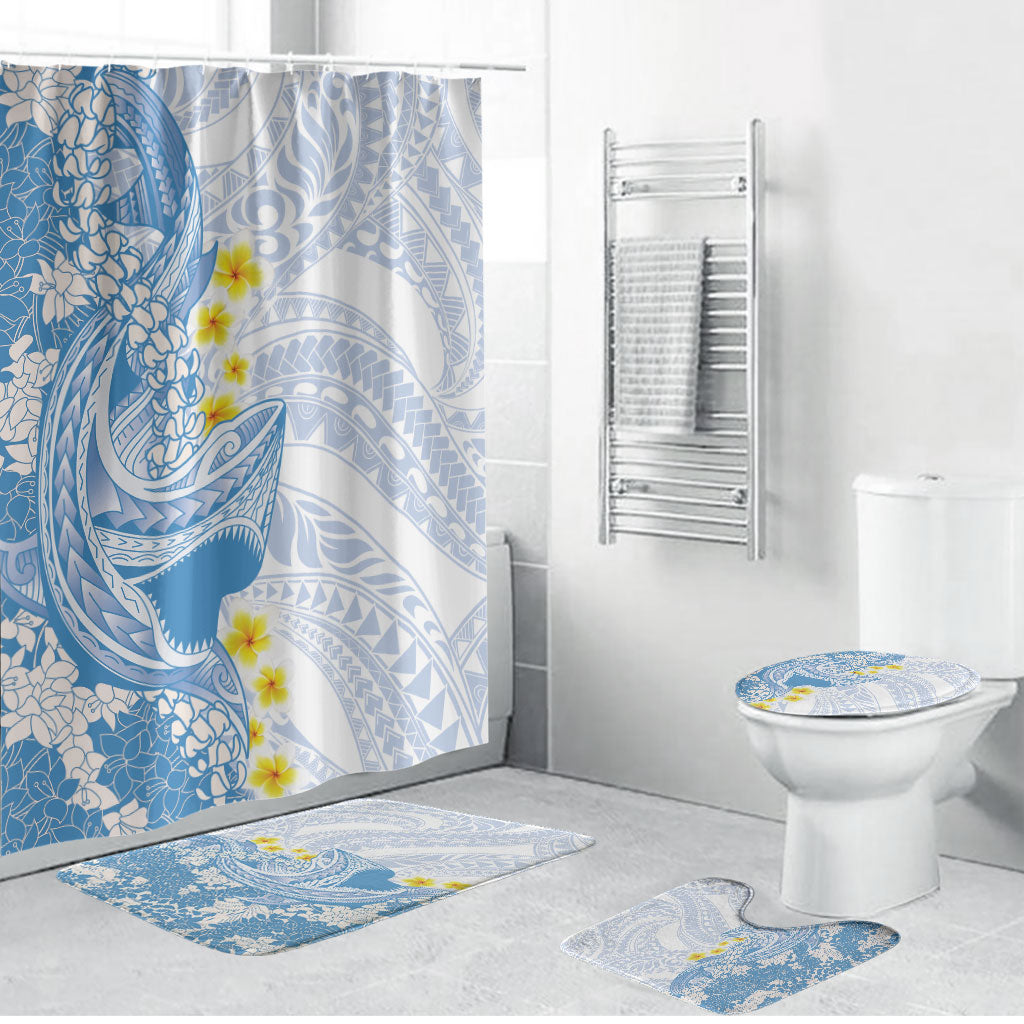Blue Hawaii Shark Tattoo Bathroom Set Puakenikeni Lei Plumeria Polynesian Pattern
