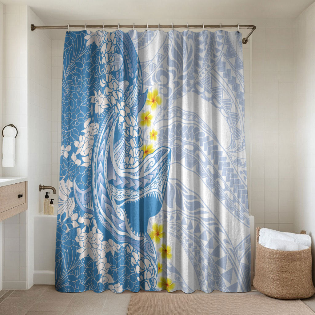 Blue Hawaii Shark Tattoo Bathroom Set Puakenikeni Lei Plumeria Polynesian Pattern
