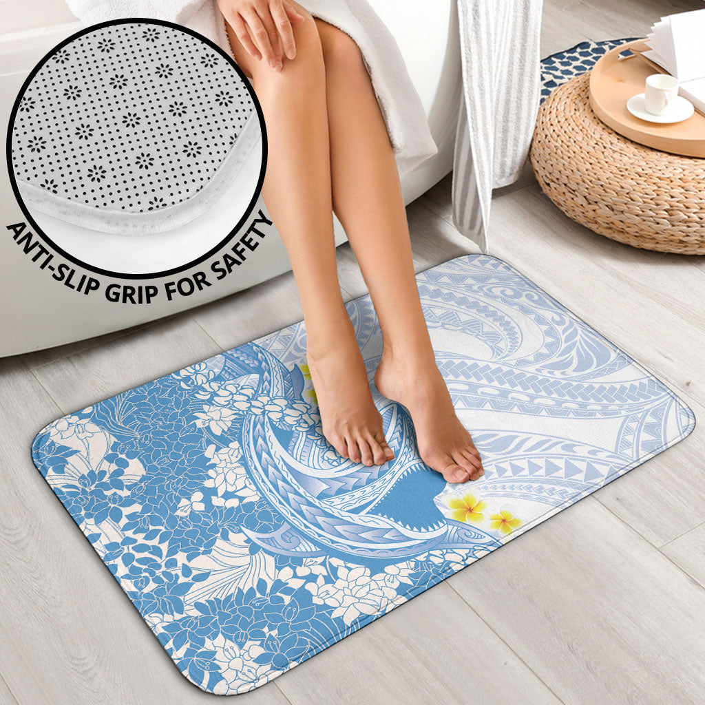Blue Hawaii Shark Tattoo Bathroom Set Puakenikeni Lei Plumeria Polynesian Pattern