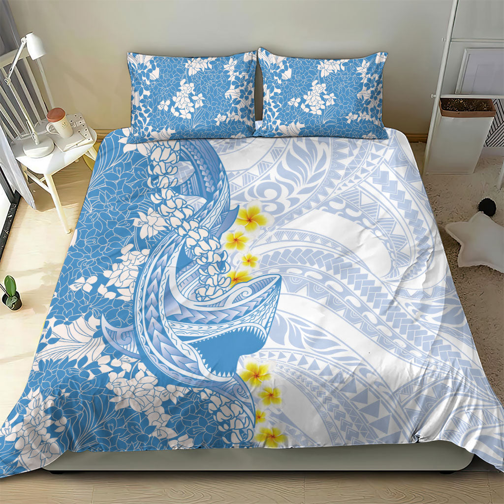 Blue Hawaii Shark Tattoo Bedding Set Puakenikeni Lei Plumeria Polynesian Pattern