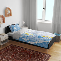 Blue Hawaii Shark Tattoo Bedding Set Puakenikeni Lei Plumeria Polynesian Pattern