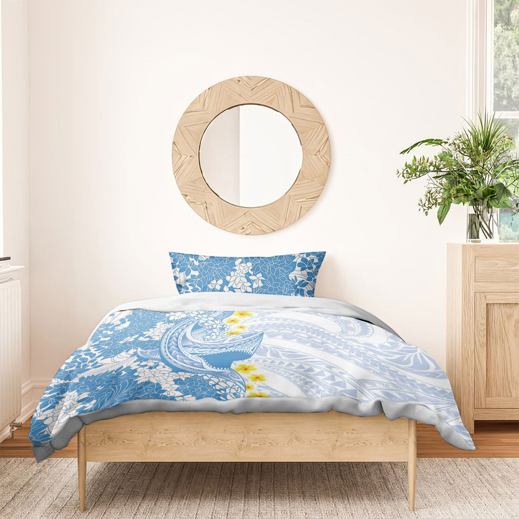 Blue Hawaii Shark Tattoo Bedding Set Puakenikeni Lei Plumeria Polynesian Pattern