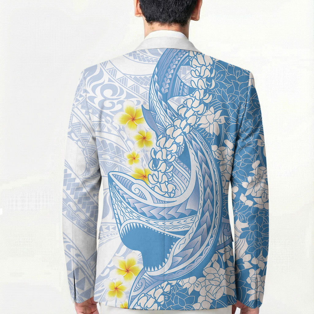 Blue Hawaii Shark Tattoo Blazer Puakenikeni Lei Plumeria Polynesian Pattern
