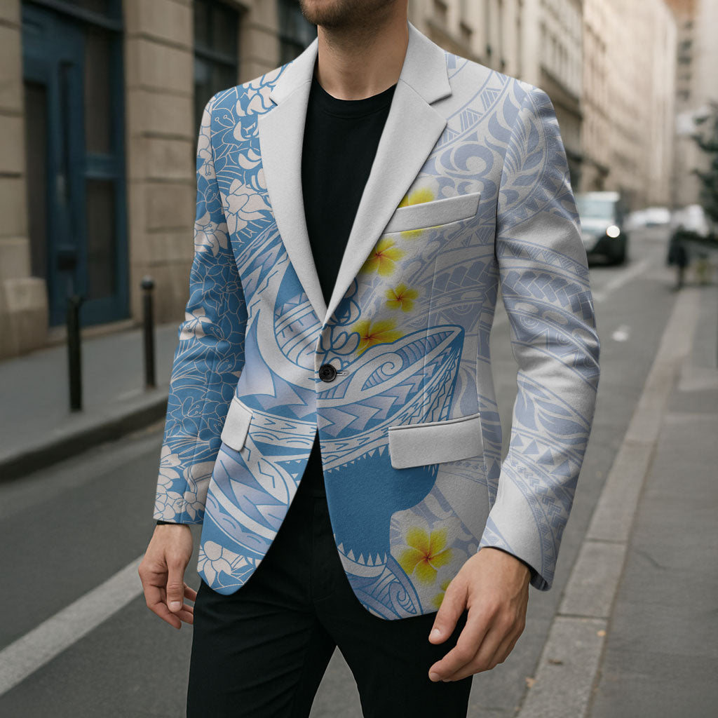 Blue Hawaii Shark Tattoo Blazer Puakenikeni Lei Plumeria Polynesian Pattern