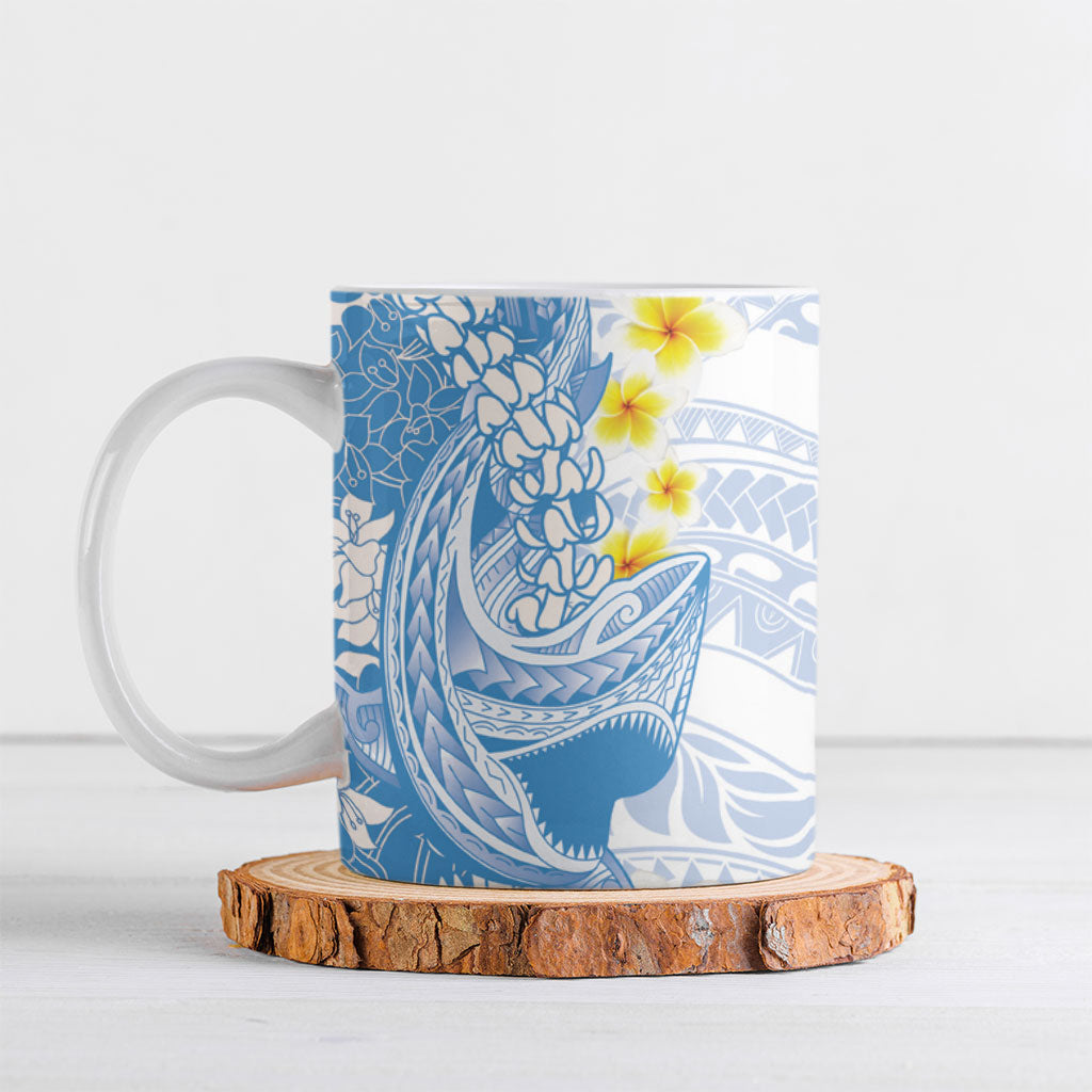 Blue Hawaii Shark Tattoo Ceramic Mug Puakenikeni Lei Plumeria Polynesian Pattern