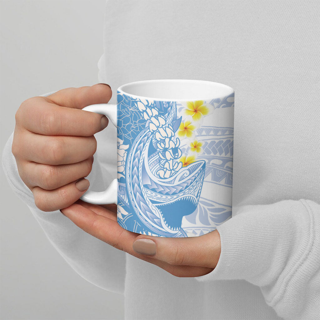 Blue Hawaii Shark Tattoo Ceramic Mug Puakenikeni Lei Plumeria Polynesian Pattern