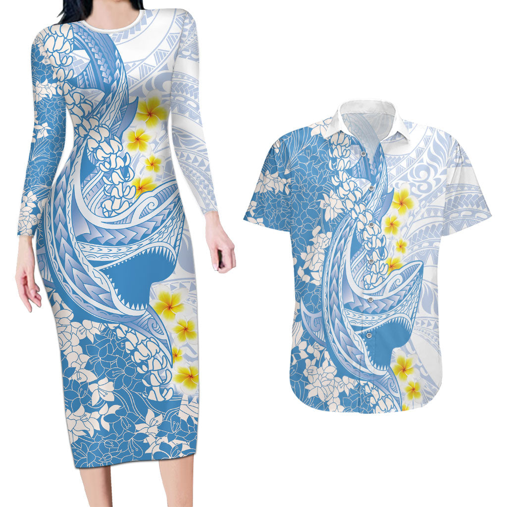 Blue Hawaii Shark Tattoo Couples Matching Long Sleeve Bodycon Dress and Hawaiian Shirt Puakenikeni Lei Plumeria Polynesian Pattern