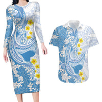 Blue Hawaii Shark Tattoo Couples Matching Long Sleeve Bodycon Dress and Hawaiian Shirt Puakenikeni Lei Plumeria Polynesian Pattern LT14 Blue - Polynesian Pride