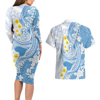 Blue Hawaii Shark Tattoo Couples Matching Long Sleeve Bodycon Dress and Hawaiian Shirt Puakenikeni Lei Plumeria Polynesian Pattern LT14 - Polynesian Pride