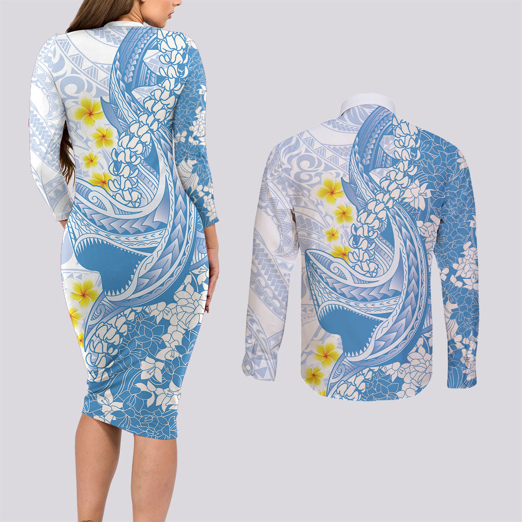 Blue Hawaii Shark Tattoo Couples Matching Long Sleeve Bodycon Dress and Long Sleeve Button Shirt Puakenikeni Lei Plumeria Polynesian Pattern LT14 - Polynesian Pride