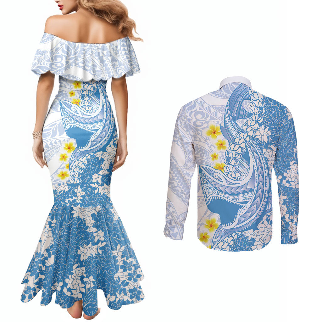 Blue Hawaii Shark Tattoo Couples Matching Mermaid Dress and Long Sleeve Button Shirt Puakenikeni Lei Plumeria Polynesian Pattern LT14 - Polynesian Pride
