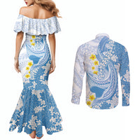 Blue Hawaii Shark Tattoo Couples Matching Mermaid Dress and Long Sleeve Button Shirt Puakenikeni Lei Plumeria Polynesian Pattern LT14 - Polynesian Pride