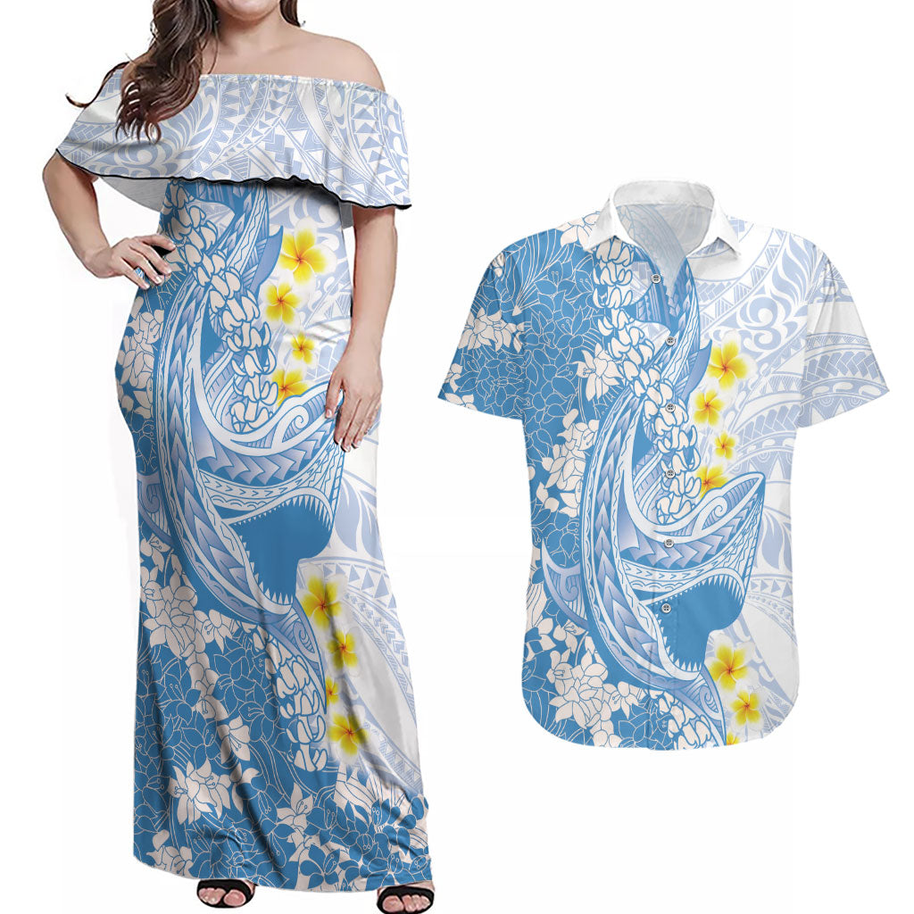 Blue Hawaii Shark Tattoo Couples Matching Off Shoulder Maxi Dress and Hawaiian Shirt Puakenikeni Lei Plumeria Polynesian Pattern LT14 Blue - Polynesian Pride