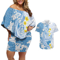 Blue Hawaii Shark Tattoo Couples Matching Off Shoulder Short Dress and Hawaiian Shirt Puakenikeni Lei Plumeria Polynesian Pattern LT14 Blue - Polynesian Pride